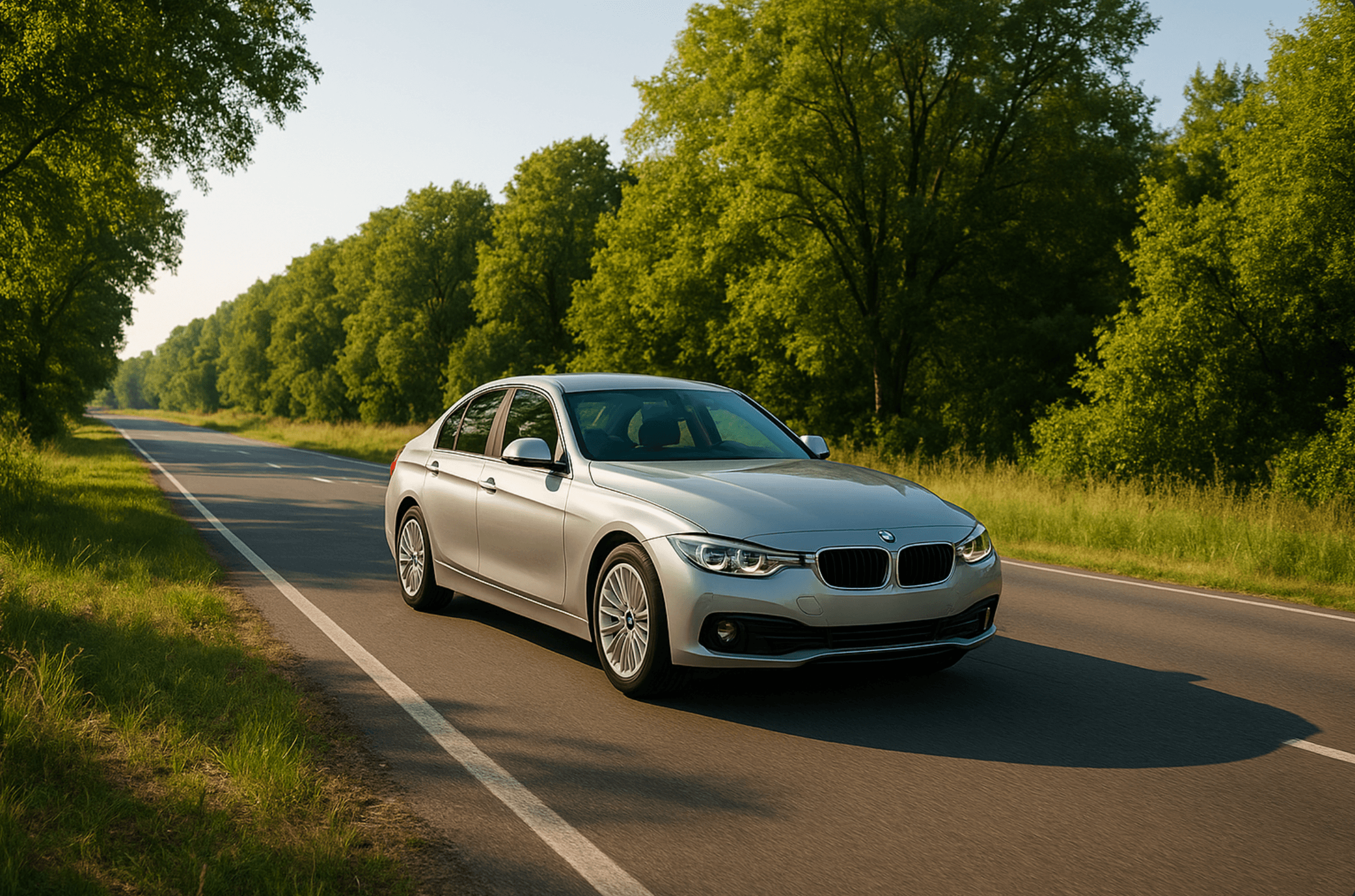 BMW en carretera al atardecer
